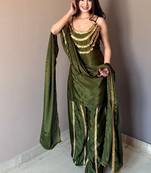 Green chinon embroidered fully stitched kurti with matching bottom and ethnic work dupatta,women designer suit set