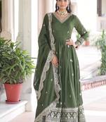 Mehendi vichitra silk sequins & zari embroidered stitched gown with cut-work dupatta