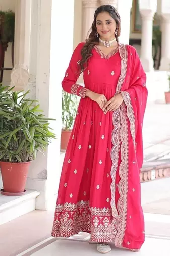 Pink vichitra silk sequins & zari embroidered stitched gown with cut-work dupatta | women designer ethnic wear