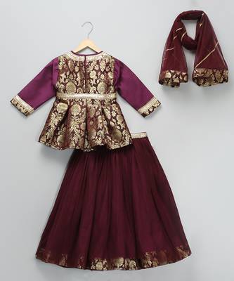 Purple embroidered cotton silk lehenga set 1