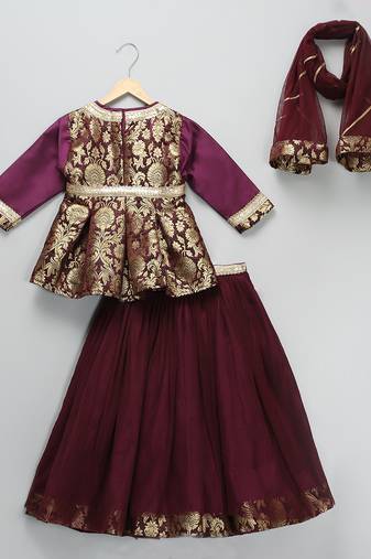 Purple embroidered cotton silk lehenga set