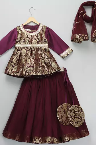 Purple embroidered cotton silk lehenga set