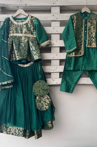 green embroidered cotton silk lehenga set
