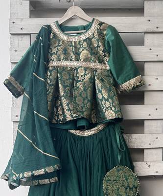 green embroidered cotton silk lehenga set 1