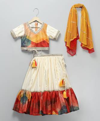 Multicolor printed cotton silk lehenga set 1