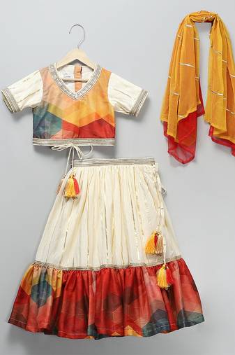 Multicolor printed cotton silk lehenga set