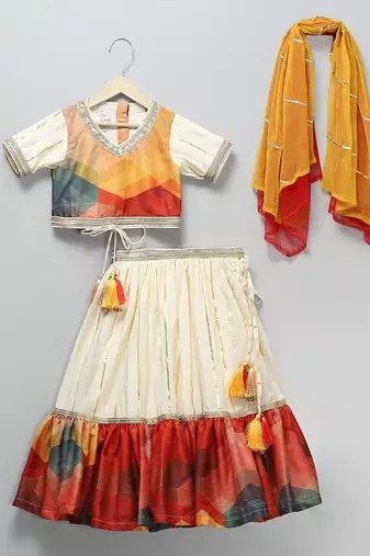 Multicolor printed cotton silk lehenga set