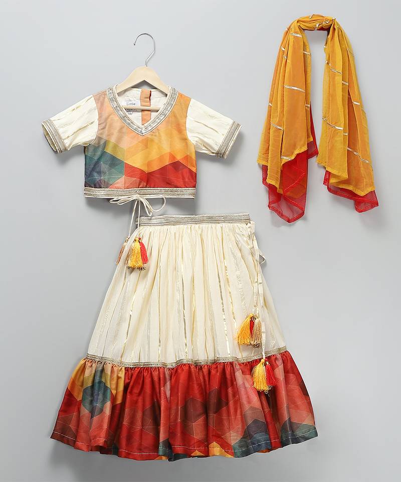 Multicolor printed cotton silk lehenga set