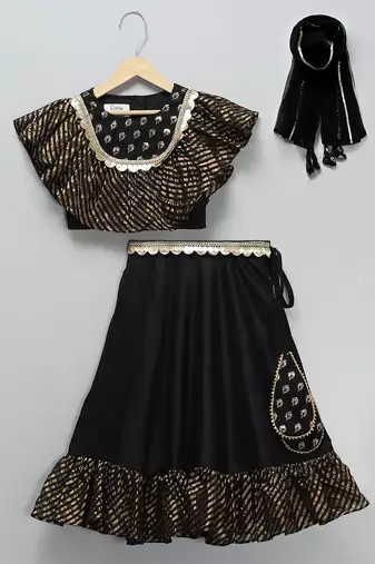 Black embroidered cotton silk lehenga set