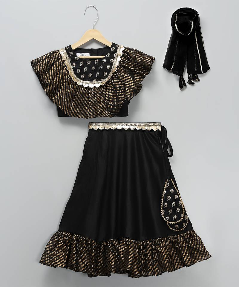 Black embroidered cotton silk lehenga set