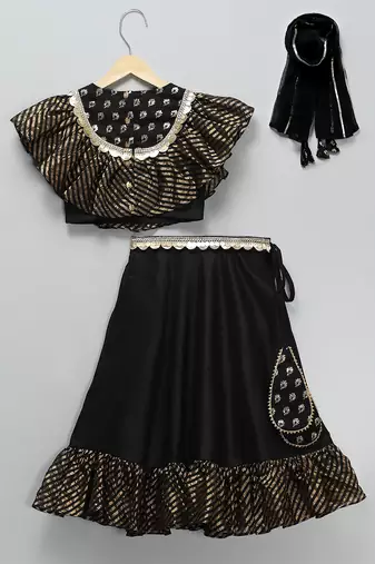 Black embroidered cotton silk lehenga set
