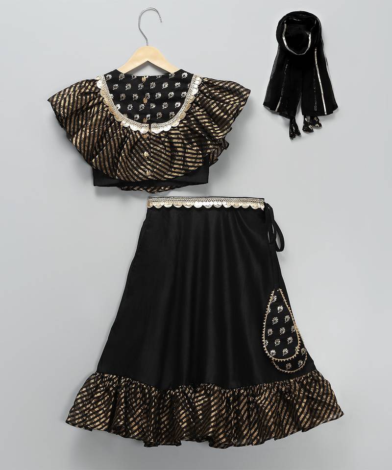 Black embroidered cotton silk lehenga set
