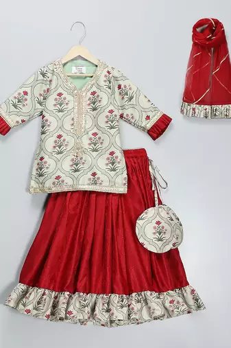 Red printed cotton silk lehenga set