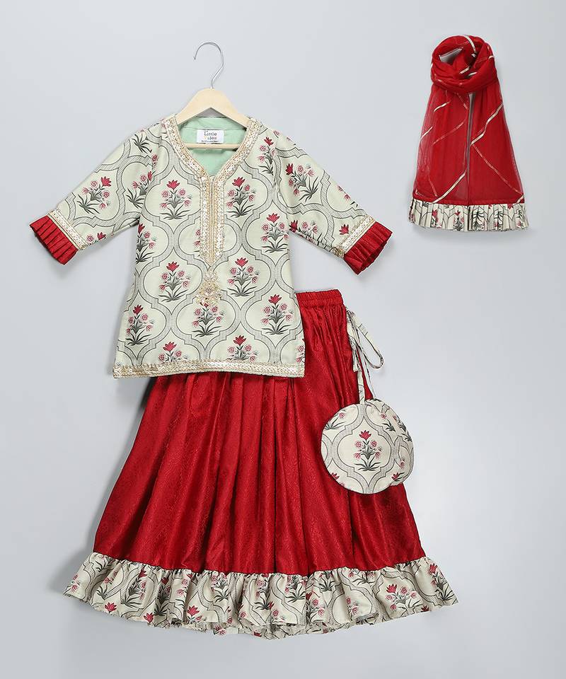 Red printed cotton silk lehenga set
