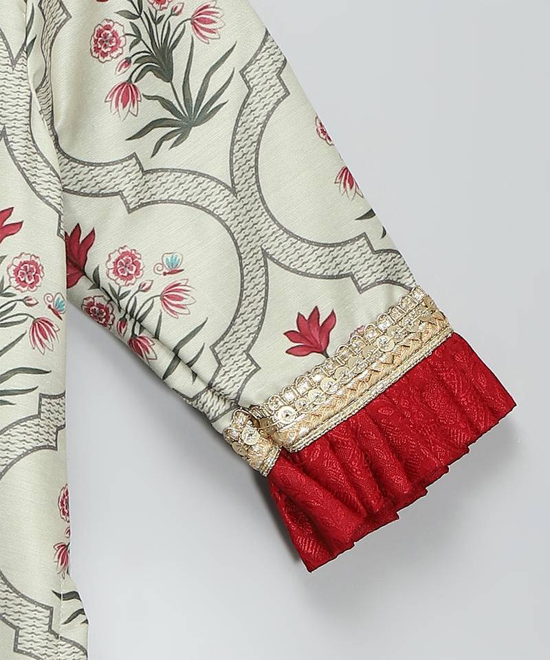 Red printed cotton silk lehenga set