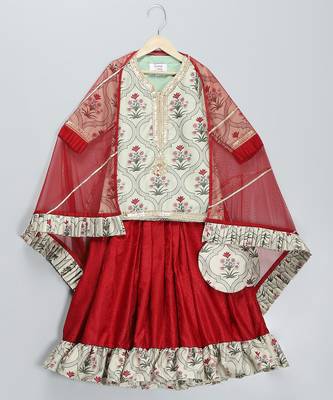 Red printed cotton silk lehenga set 3