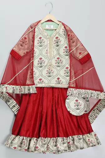 Red printed cotton silk lehenga set
