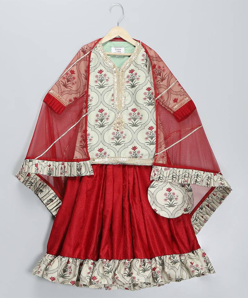 Red printed cotton silk lehenga set