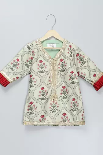 Red printed cotton silk lehenga set