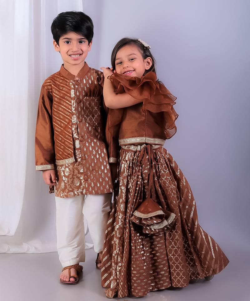 Brown embroidered organza lehenga set