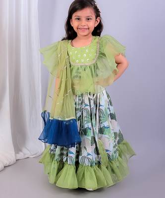 Green printed organza lehenga set 1