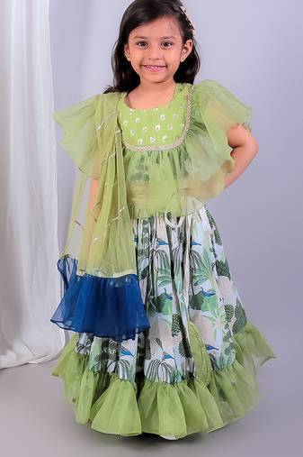 Green printed organza lehenga set