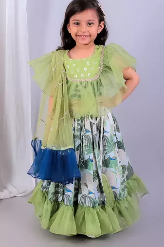 Green printed organza lehenga set