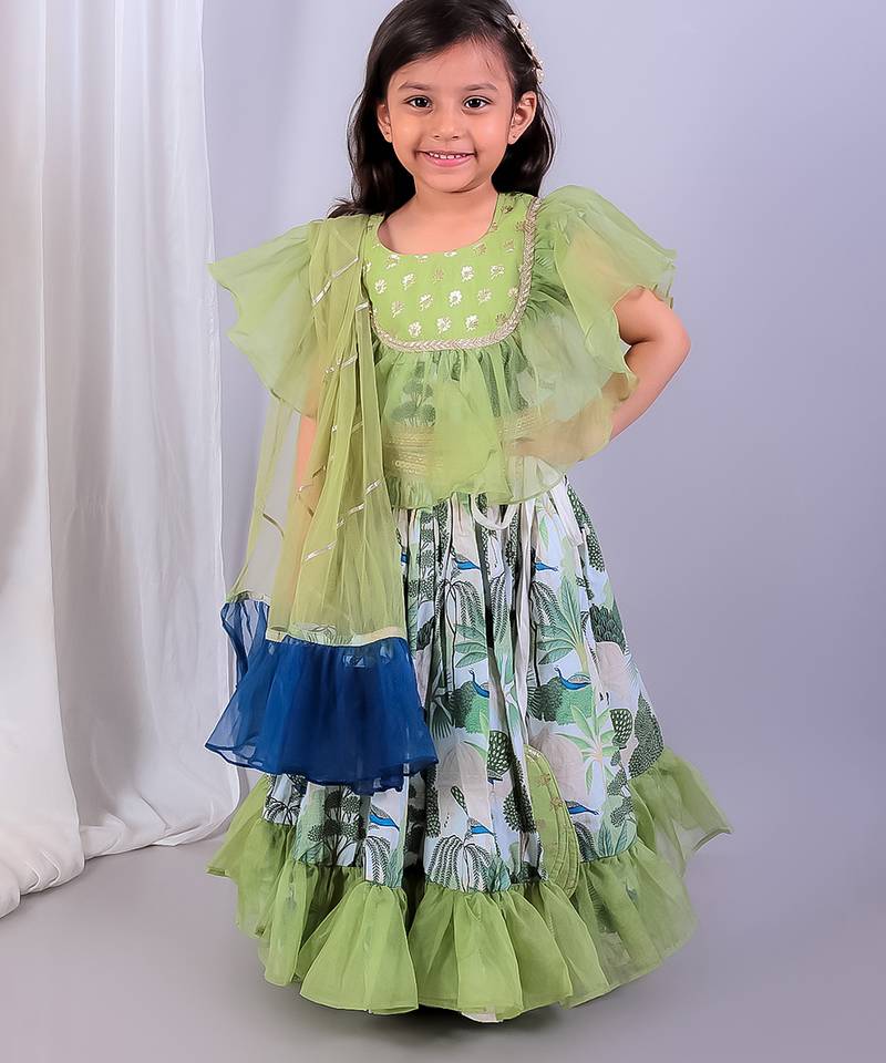Green printed organza lehenga set