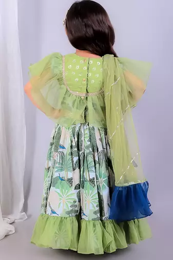 Green printed organza lehenga set