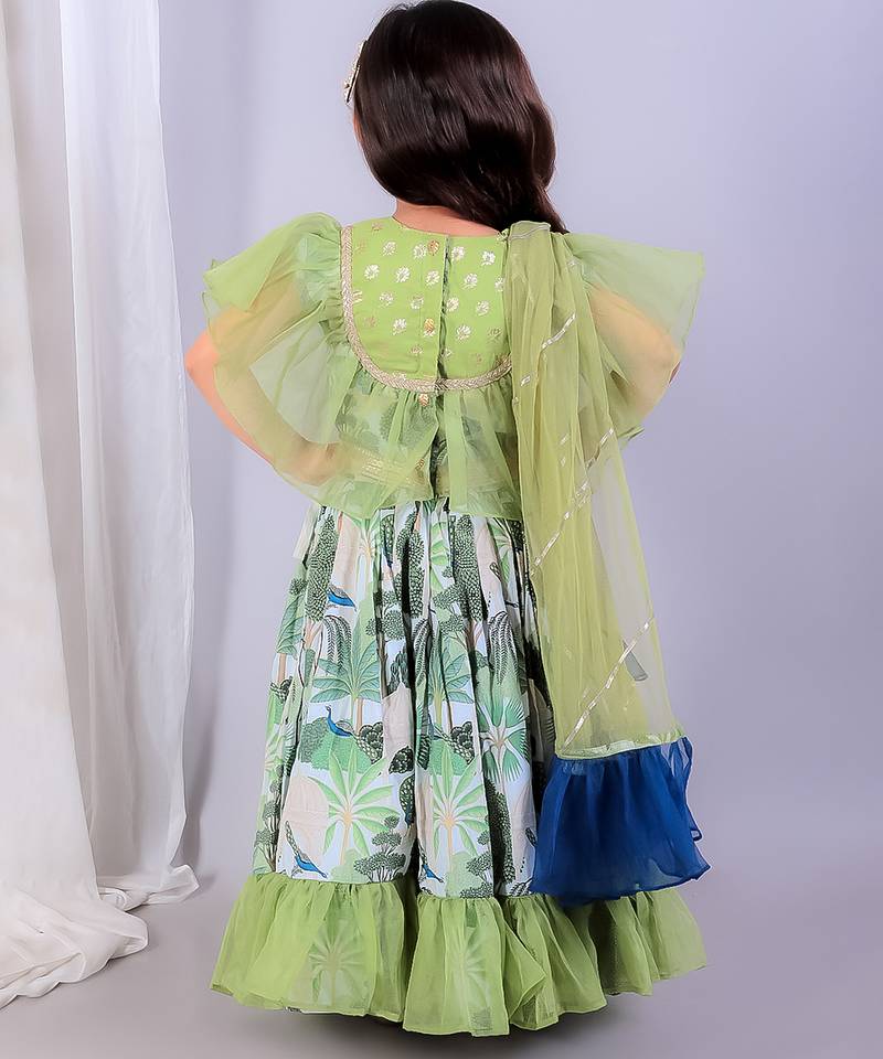 Green printed organza lehenga set