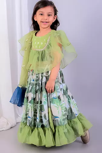 Green printed organza lehenga set