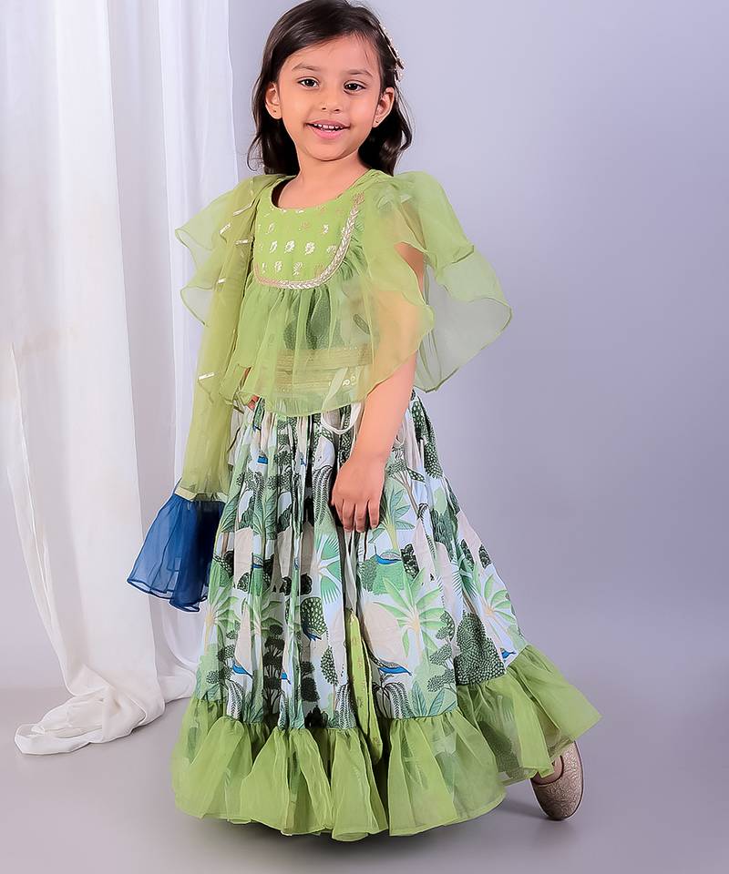 Green printed organza lehenga set