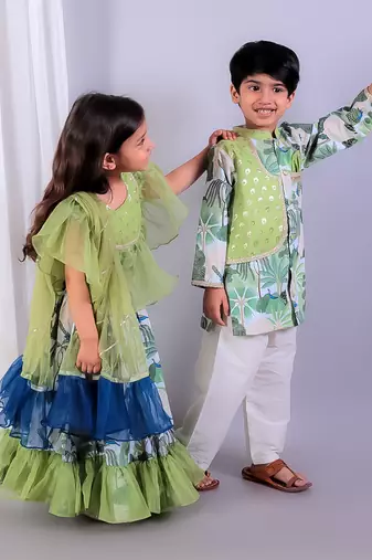 Green printed organza lehenga set