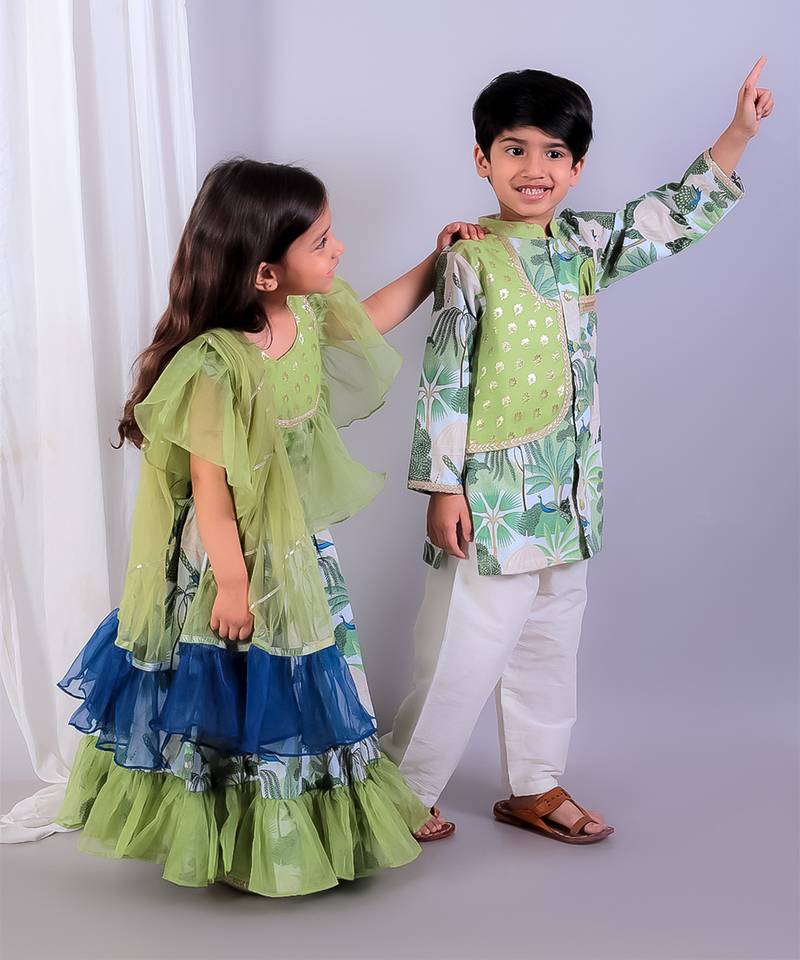 Green printed organza lehenga set