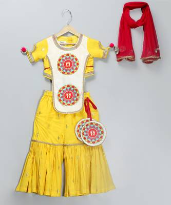 Yellow embroidered cotton silk sharara set 1
