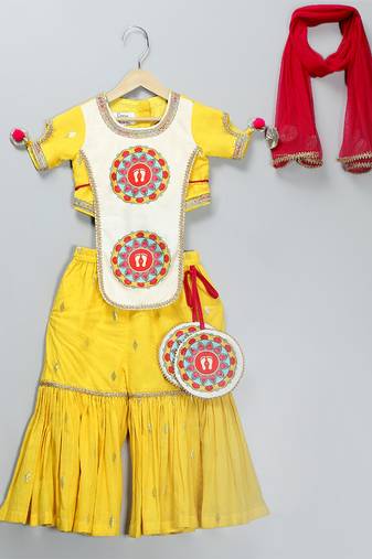 Yellow embroidered cotton silk sharara set