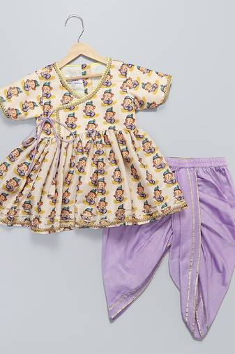 White printed cotton silk kurta set