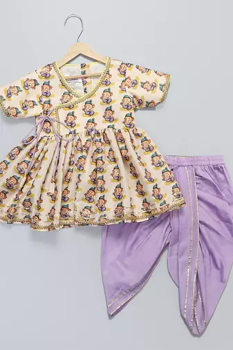 White printed cotton silk kurta set