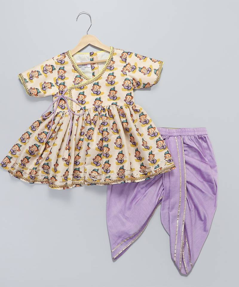 White printed cotton silk kurta set