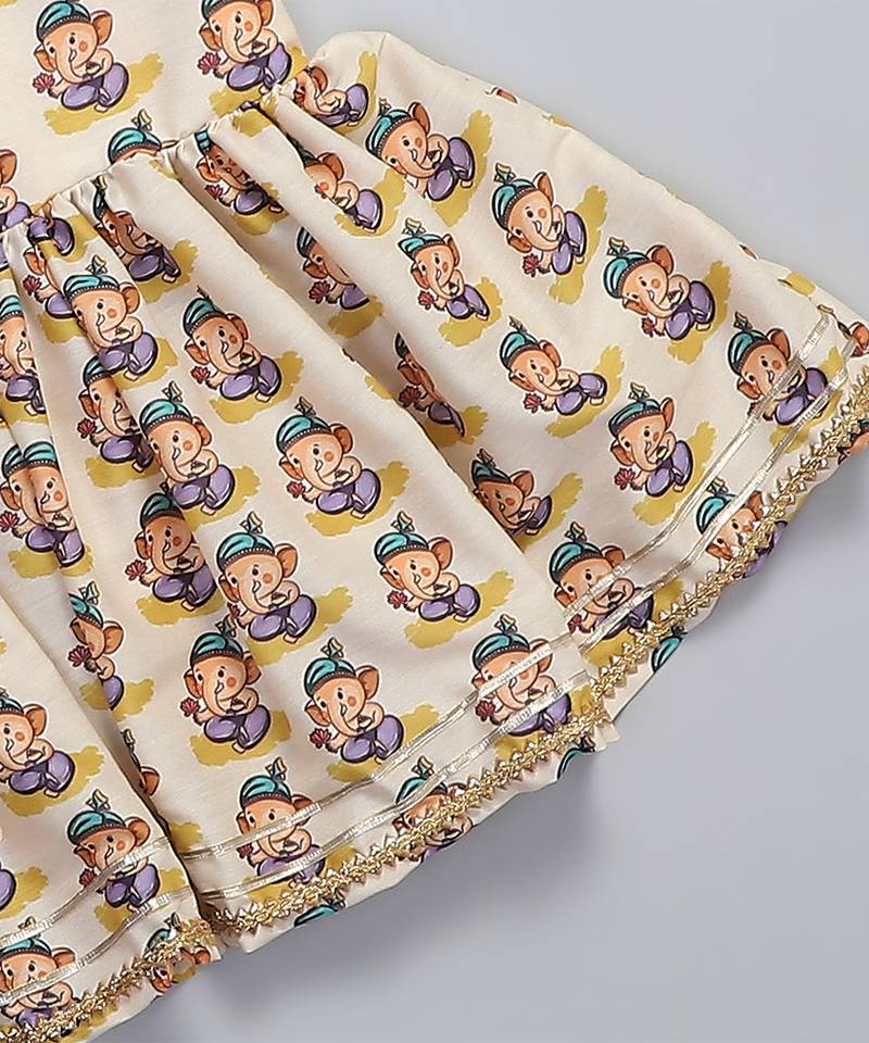 White printed cotton silk kurta set