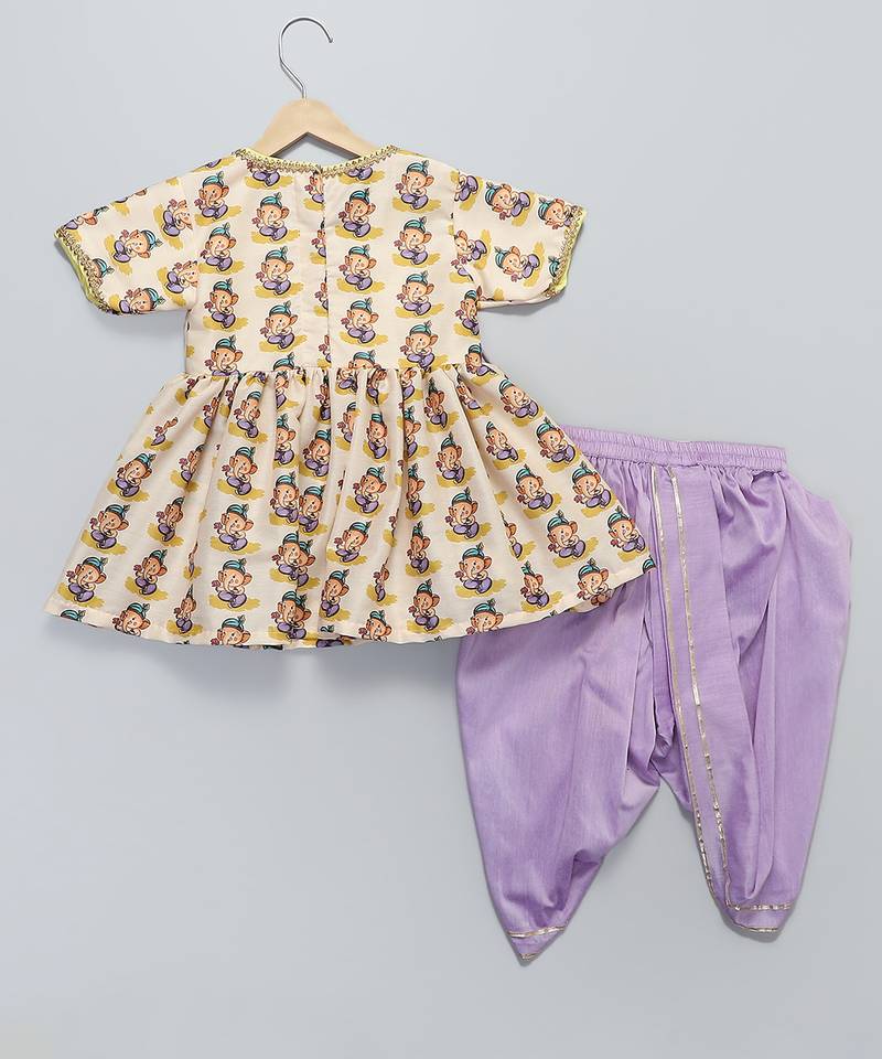 White printed cotton silk kurta set