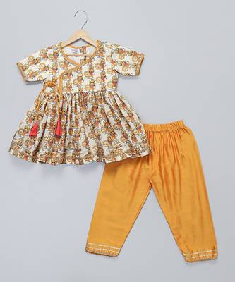 White printed cotton silk kurta set 1