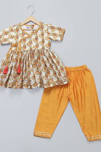 White printed cotton silk kurta set