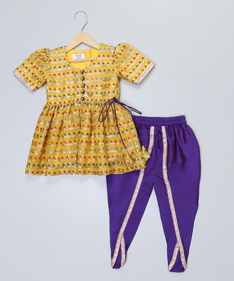 Yellow printed silk kurta set 1