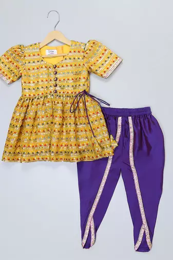 Yellow printed silk kurta set