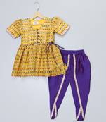 Yellow printed silk kurta set