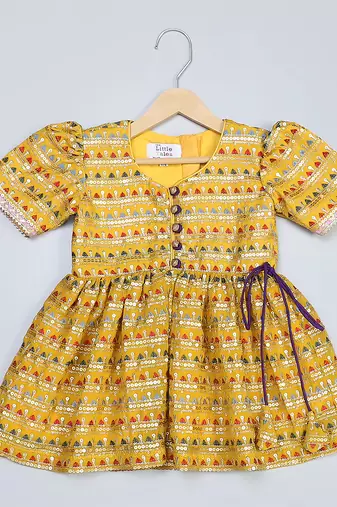 Yellow printed silk kurta set