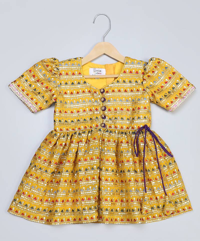 Yellow printed silk kurta set