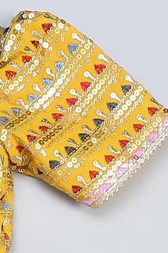 Yellow printed silk kurta set