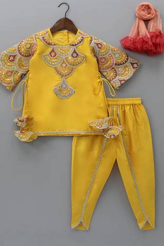 Yellow embroidered cotton silk kurta set